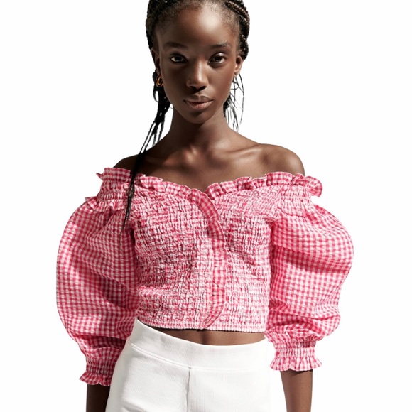 ZARA Stretchy Gingham Blouse NWT - Picture 2 of 7